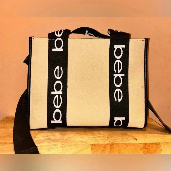 NWTS Bebe Hana Small Beige + Black Canvas Top Handle Crossbody With Logo Accents - Picture 3 of 7